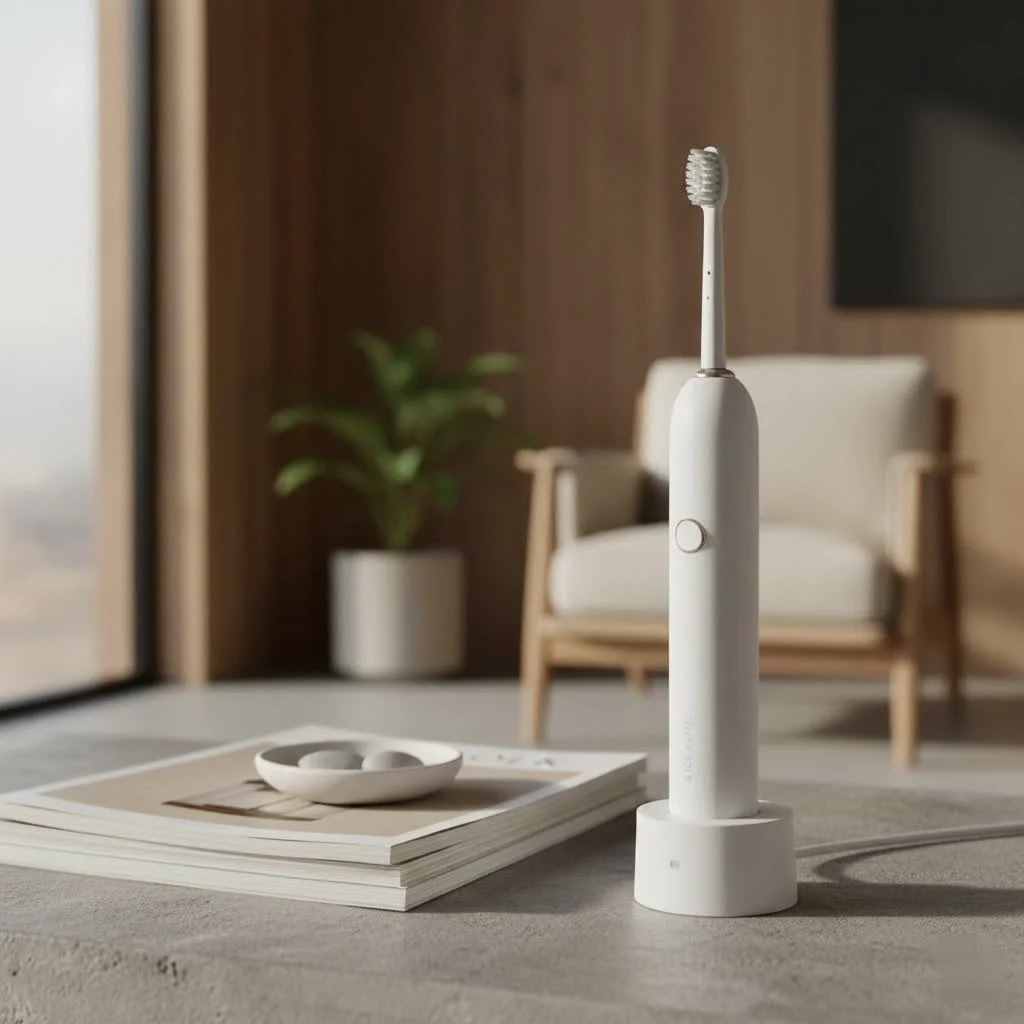 Person holding an electric toothbrush for oral care
