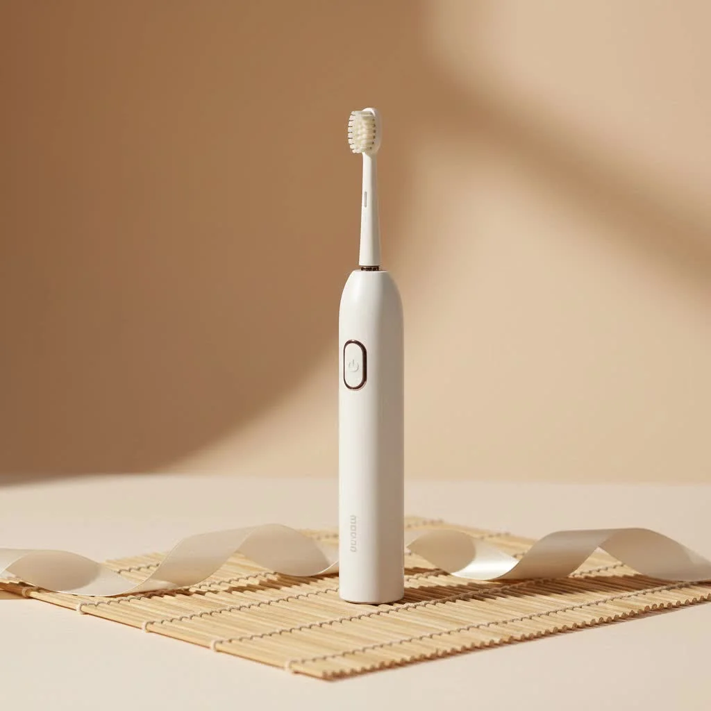 Person holding a quiet electric toothbrush in a serene bathroom setting