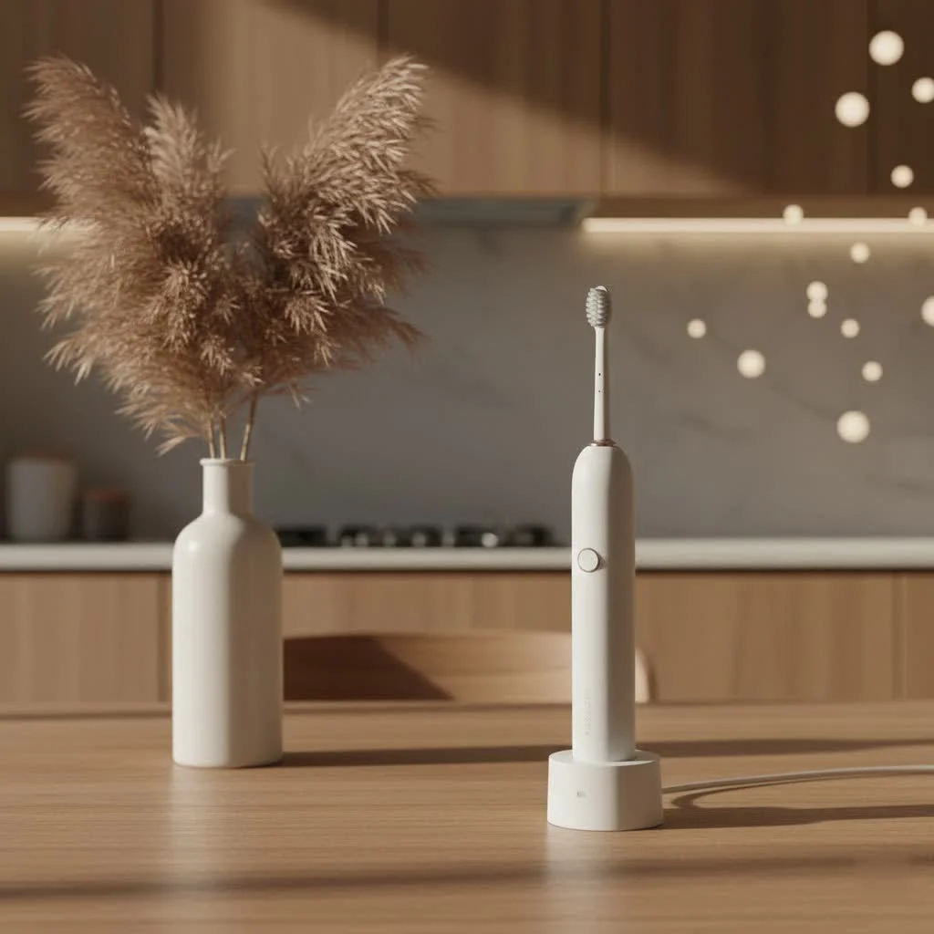 Person holding an electric toothbrush for oral care