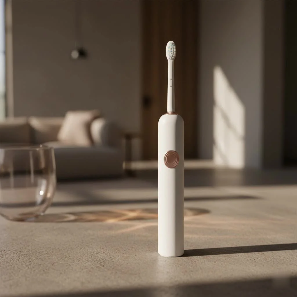 Close-up of a rechargeable electric toothbrush with a blue light