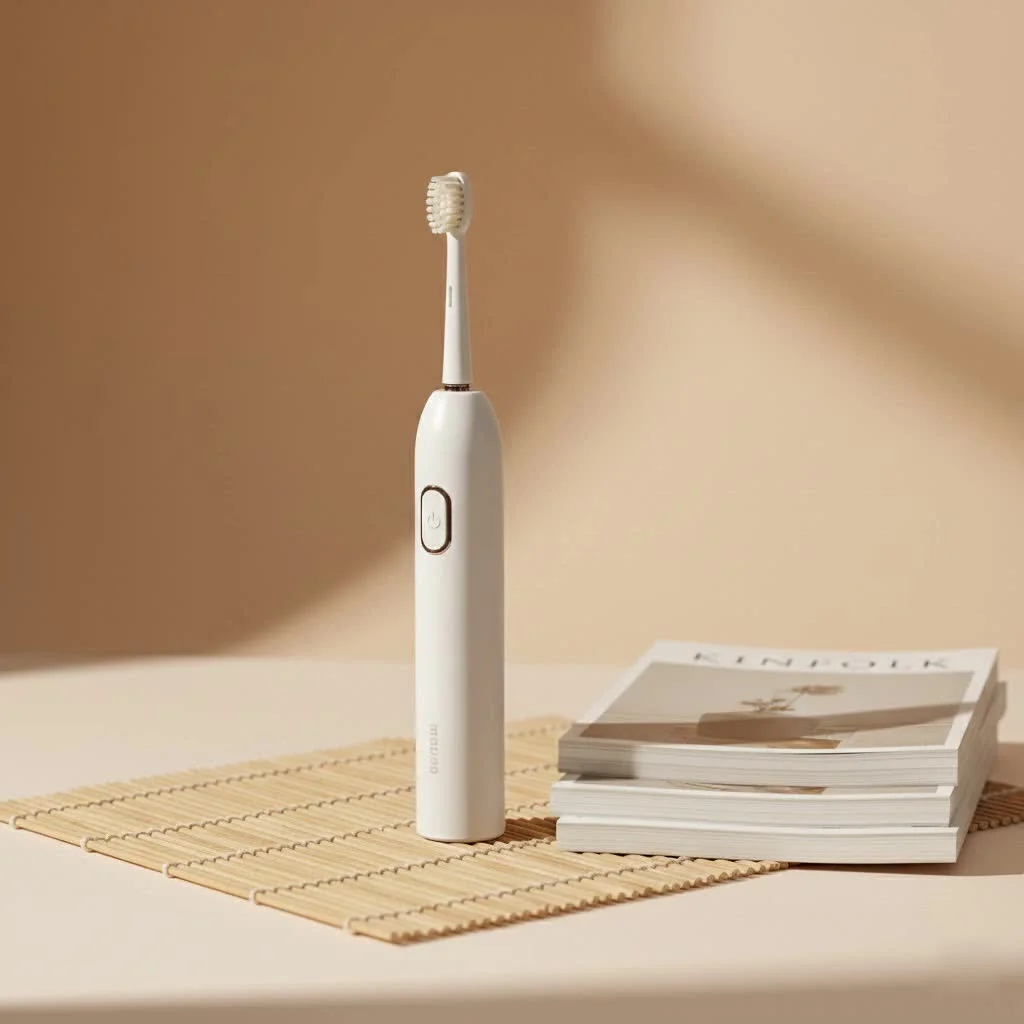 Close-up of a battery-powered electric toothbrush with a white handle and blue bristles