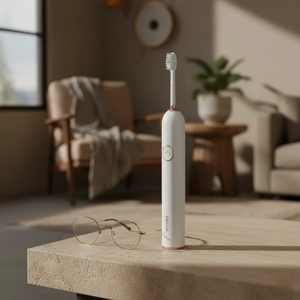 Close-up of a sonic electric toothbrush head with blue bristles