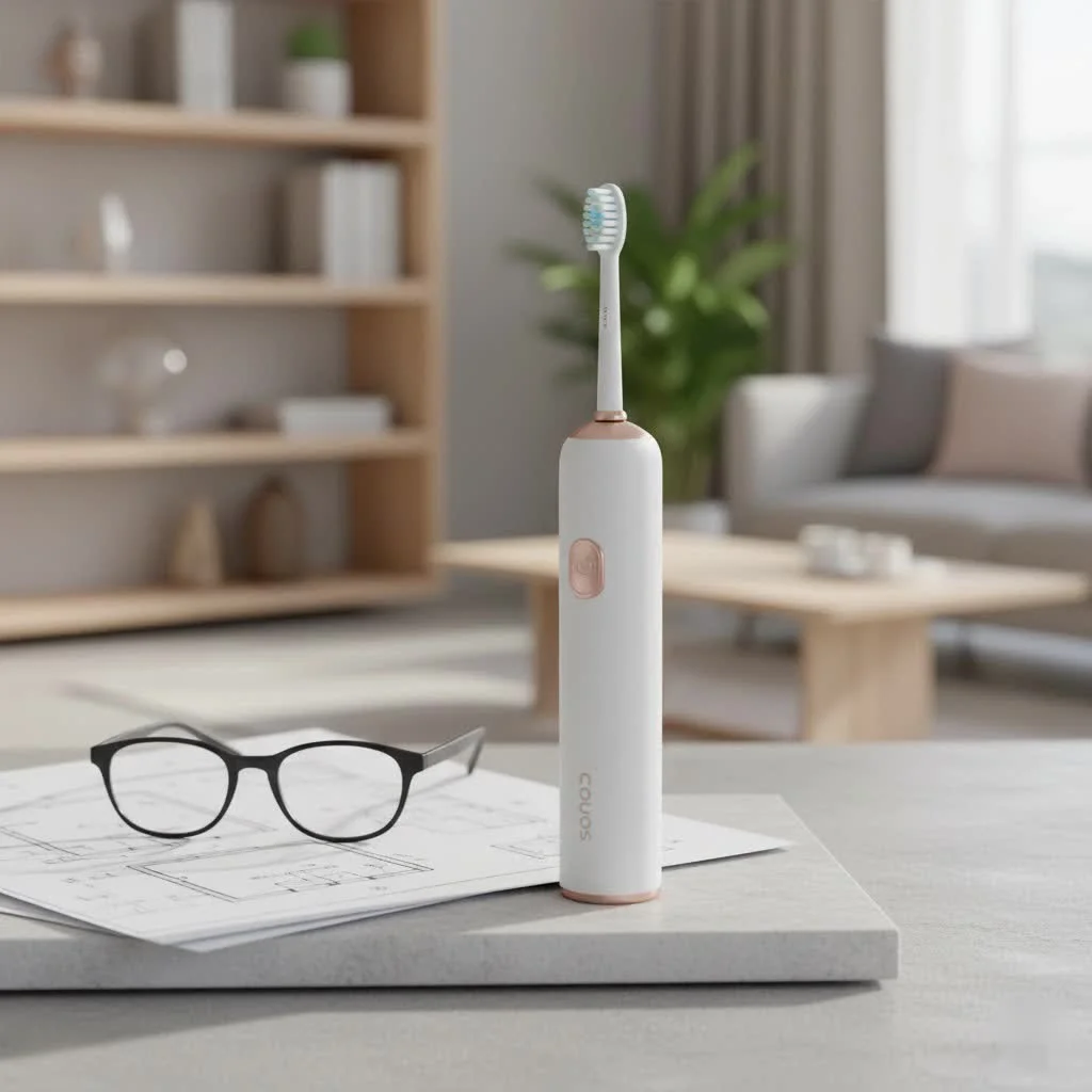 Person holding an electric toothbrush with a bright, clean smile
