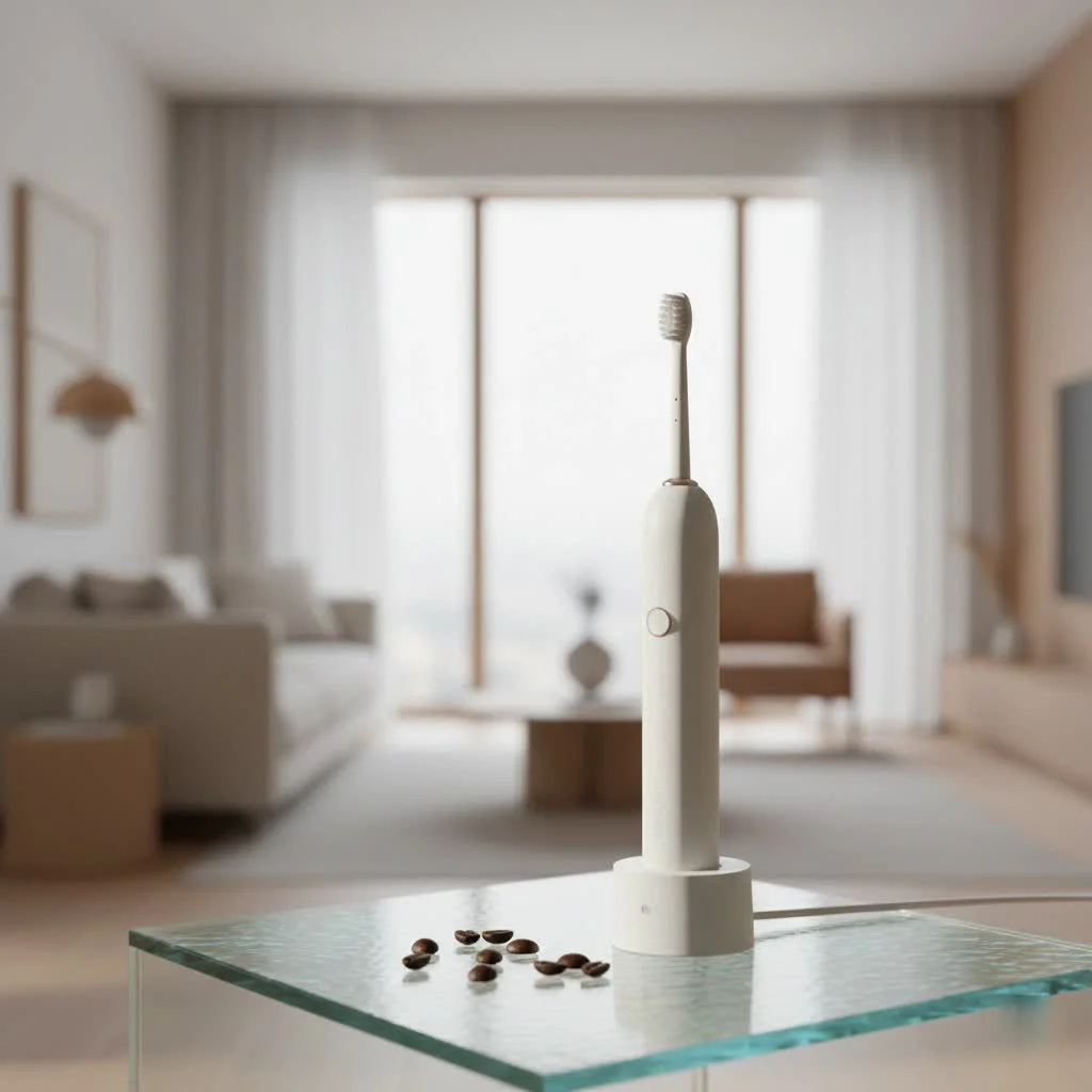 Close-up of a rechargeable electric toothbrush on a charger