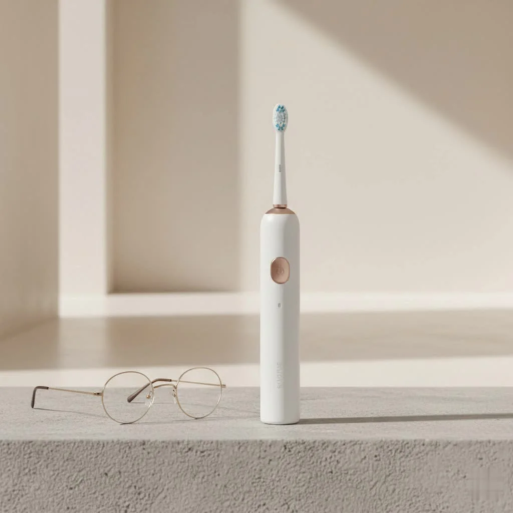 Close-up of an electric toothbrush gently cleaning teeth and gums