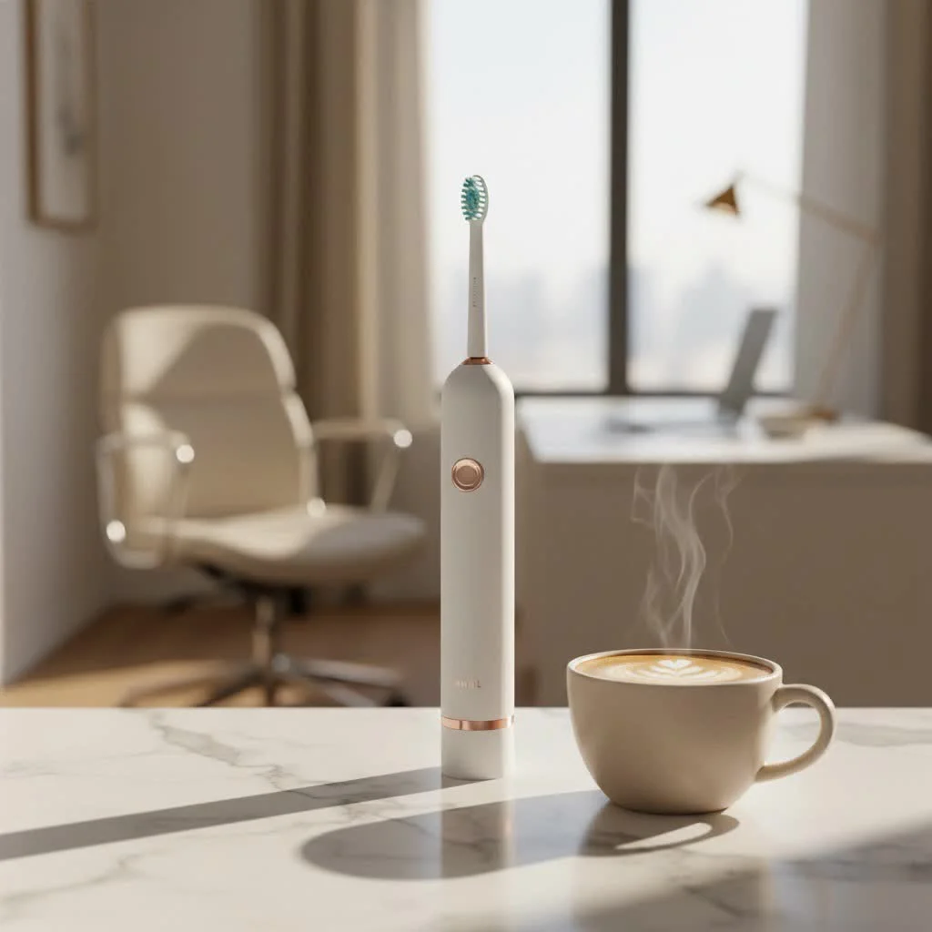 Close-up of a battery electric toothbrush with a white handle and blue bristles