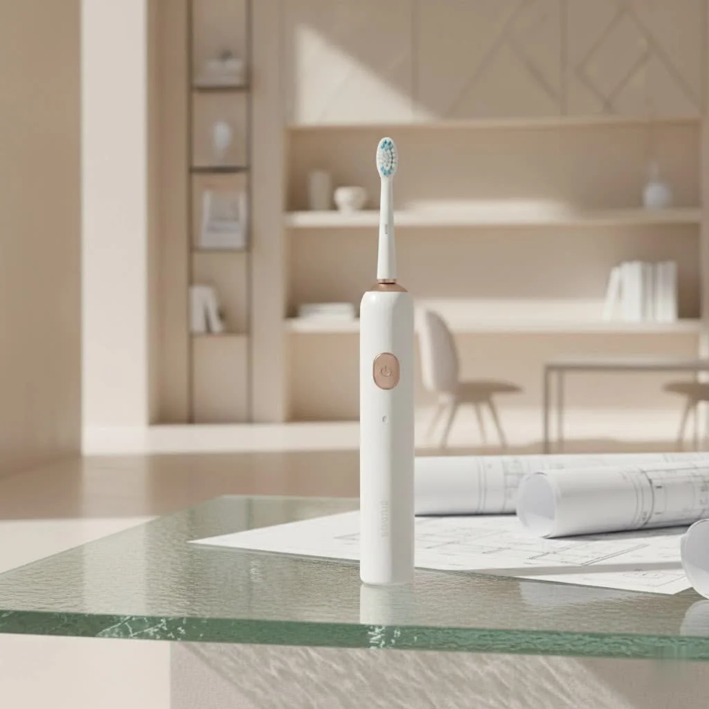 Black electric toothbrush on a bathroom counter