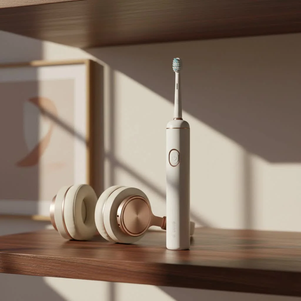 Close-up of a modern electric toothbrush on a bathroom counter