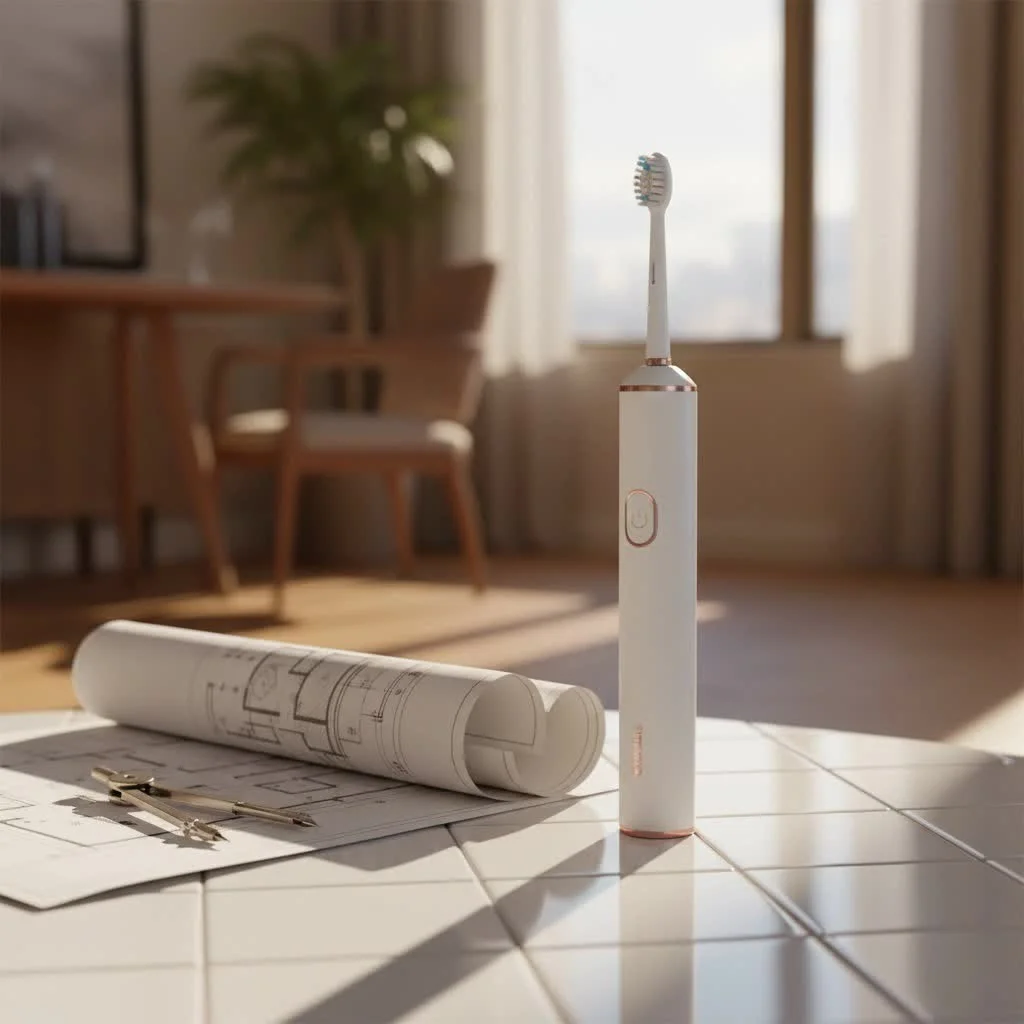 Electric toothbrush with a sleek design and blue bristles